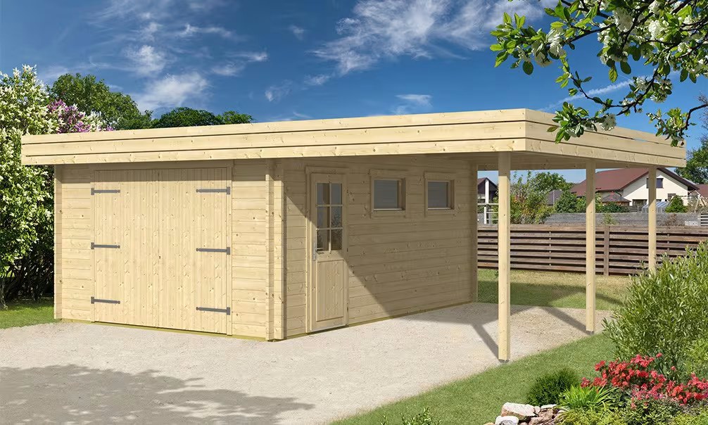 Garage Flachdach mit Vordach DRÔME 70mm – 17,6m2 Innenraum + Vordach