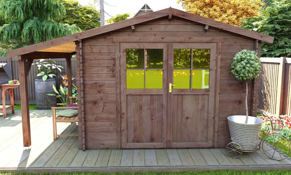 Gartenhaus kesseldruckimprägniert Moselle 9 mit Anbau Bohlen 28mm 379×280 cm