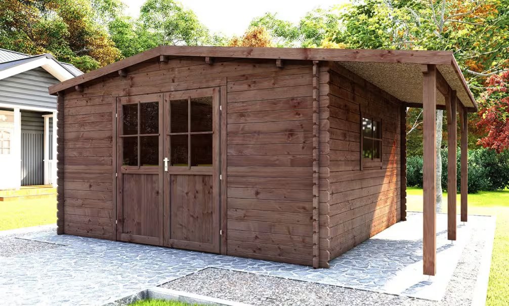 Gartenhaus kesseldruckimprägniert MOSELLE 15 mit Anbau Stärke 28mm 471×370 cm