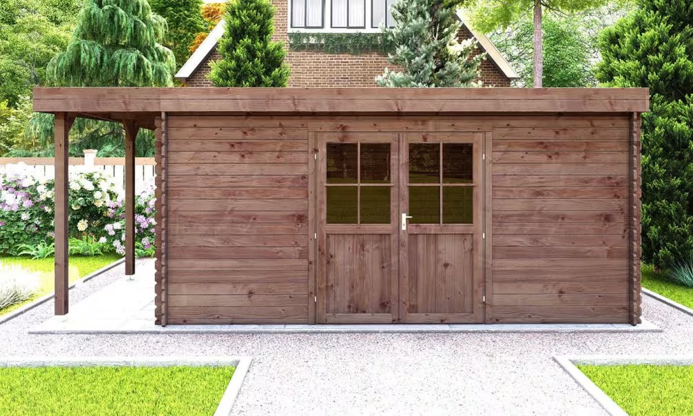 Druckimprägniertes Holzgartenhaus MEUSE 18 mit Anbau Stärke 28mm