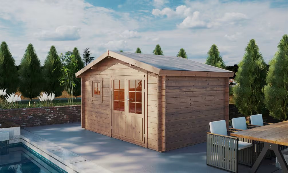Druckimprägniertes Holzgartenhaus CASSIS 9 – 44 mm – 8,81m² Innenraum 390×240 cm