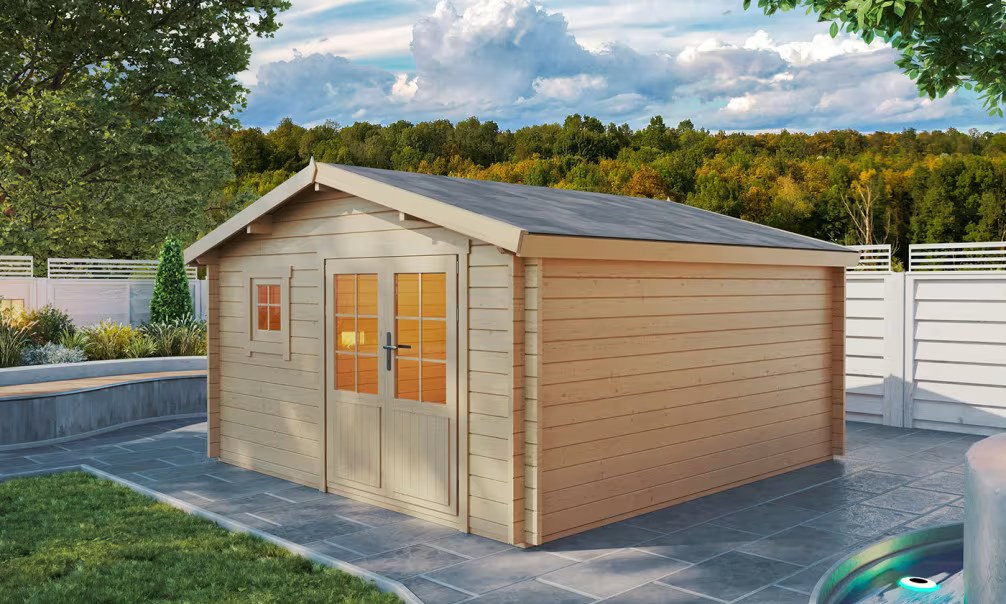 Holzgartenhaus CASSIS 15 44 mm – 14,53m² Innenraum 390×390 cm 44mm