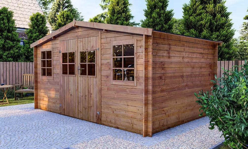 Holzgartenhaus Einsteigerpreis druckimprägniert Soissons Stärke 28mm – 11,38m² 403 cm