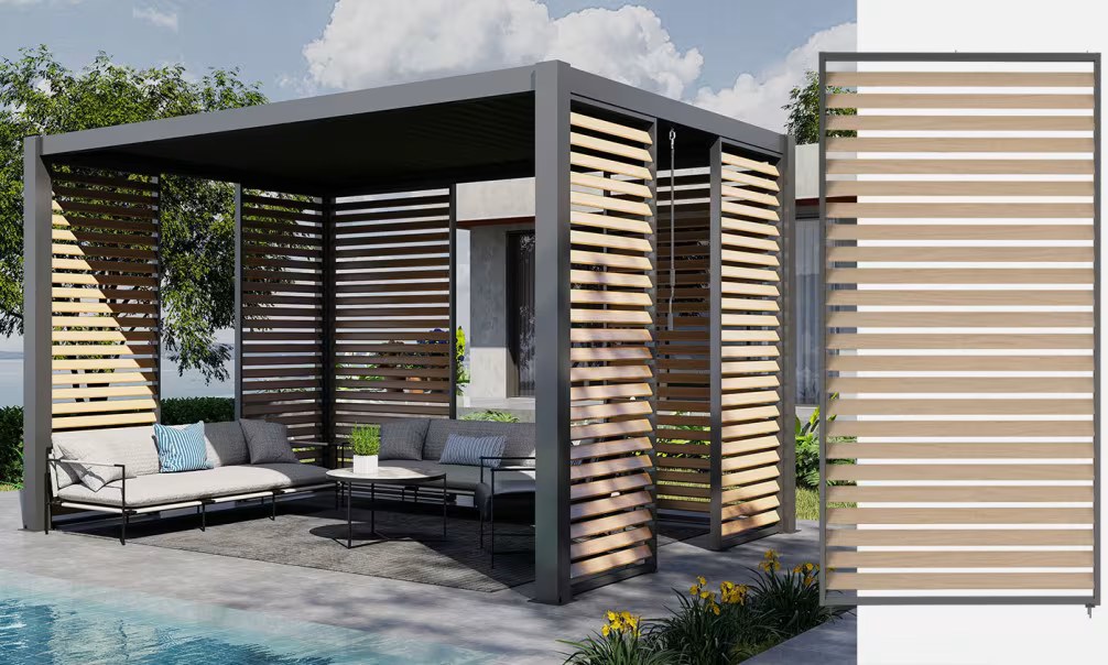 Festes Aluminium-Sichtschutzelement bioklimatische Pergola – Holzoptik – 90x238cm