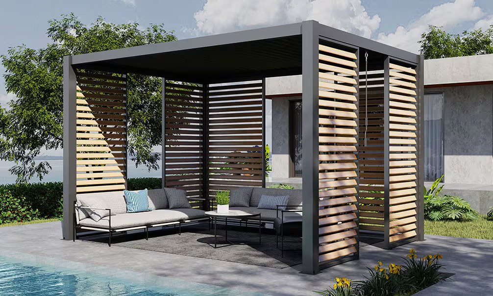 Festes Aluminium-Sichtschutzelement bioklimatische Pergola – Holzoptik – 123x238cm – Bild 2