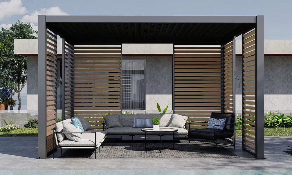 Festes Aluminium-Sichtschutzelement bioklimatische Pergola – Holzoptik – 123x238cm – Bild 3