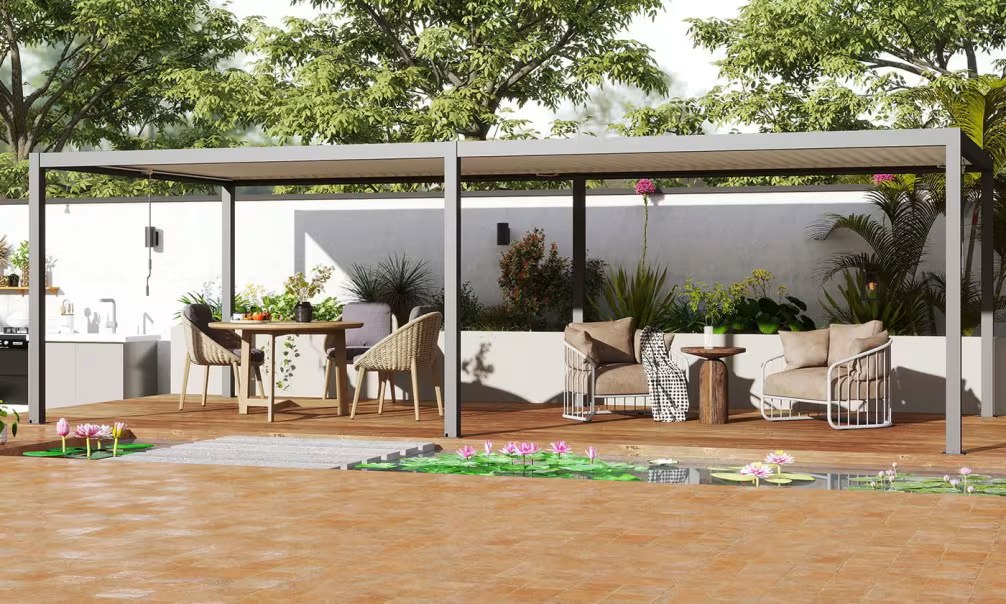 Manuelle bioklimatische Alu-Pergola Amboise 6x3m 36NB Anthrazit, weiße Alu-Lamellen – Bild 5