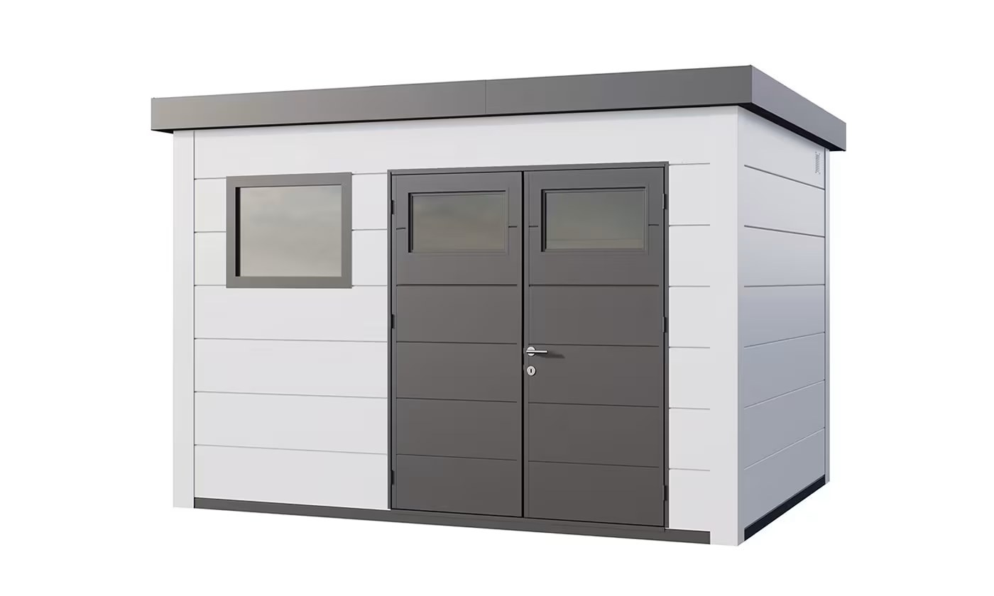 Metall-Gartenhaus Eléganto / Classico / 3930+ mit Festfenster / Weiß 388 x 298 | Premium Metall-Gartenhaus Telluria