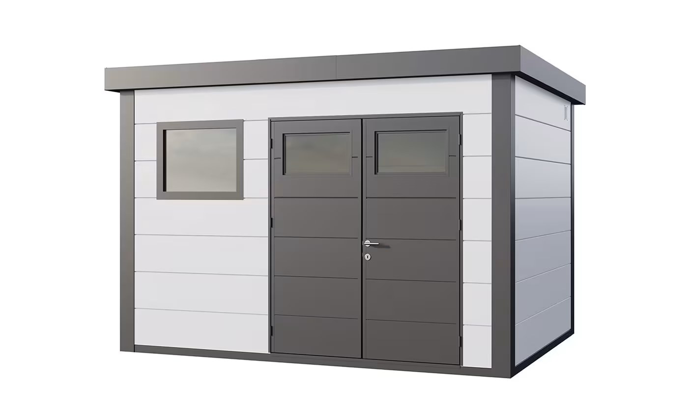 Metall-Gartenhaus Eléganto / Classico / 3930+ mit Festfenster / Weiß / Anthrazit 388 x 298 | Premium Metall-Gartenhaus Telluria