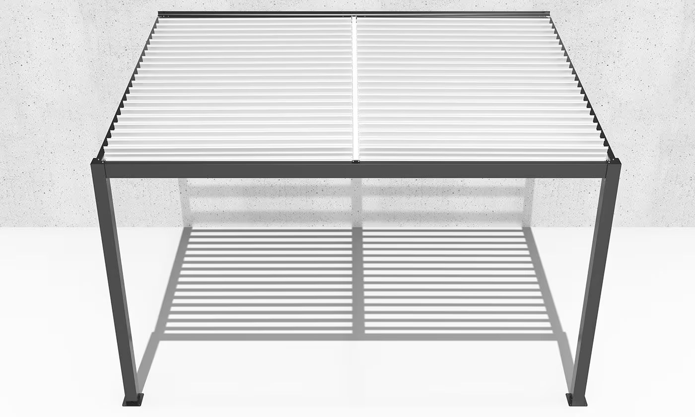 Manuelle bioklimatische Anlehn-Pergola Alu Chambord 4x3m 43NB Anthrazit – weiße Lamellen – 12m²