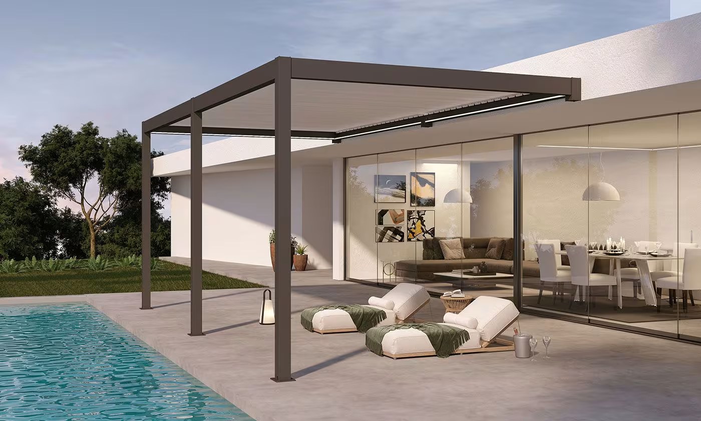 Motorisierte bioklimatische Anlehn-Pergola Alu Edinbourg 3×5.8m Anthrazit – Bild 2