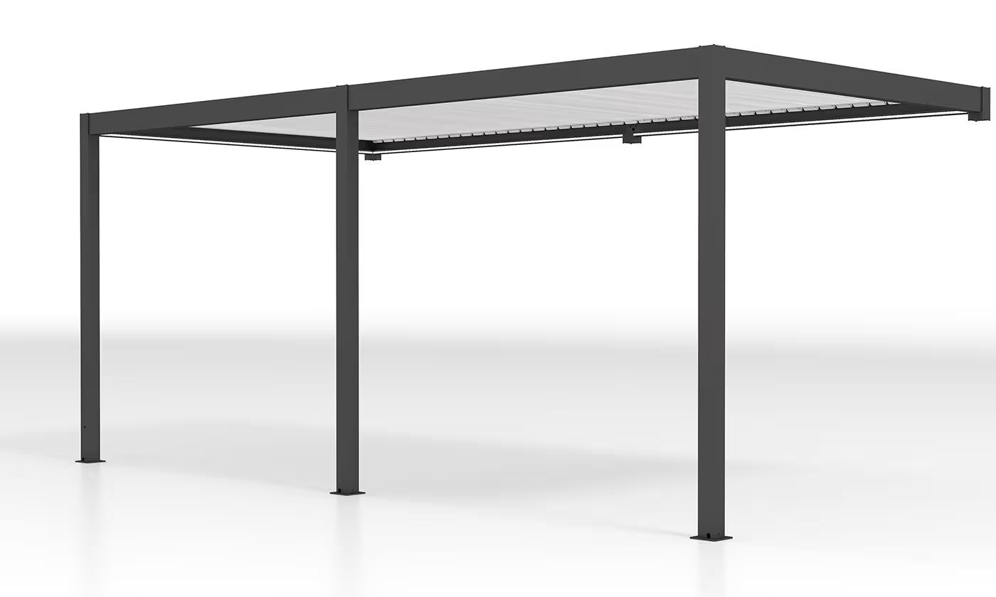 Motorisierte bioklimatische Anlehn-Pergola Alu Edinbourg 3×5.8m Anthrazit
