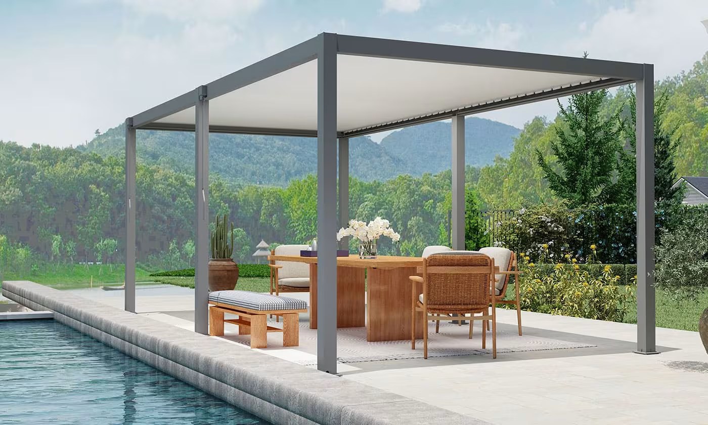 Manuelle bioklimatische Alu-Pergola Gaillard 6x4m 46NB Anthrazit & weiße Lamellen – Bild 2