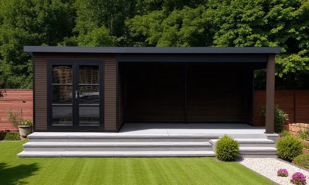 Verbundwerkstoff-Gartenhaus Romans mit reversiblem Anbau - Nussbaum - 6.235x2.23m, 13,90m²