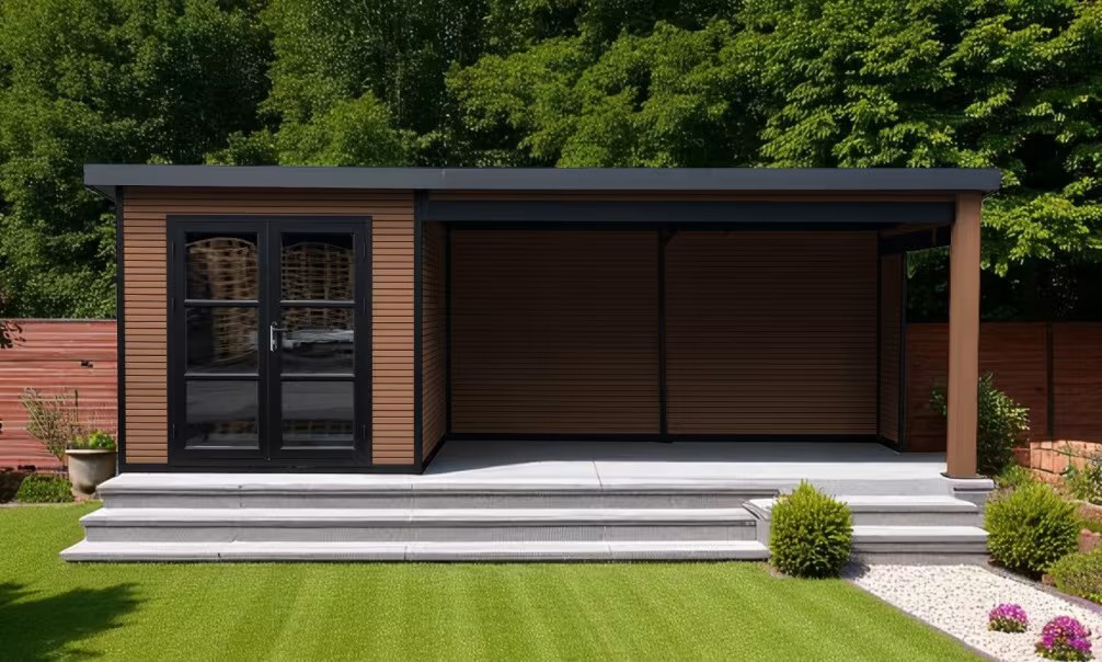 Verbundwerkstoff-Gartenhaus Romans mit reversiblem Anbau - Teak - 6.235x2.23m, 13,90m²
