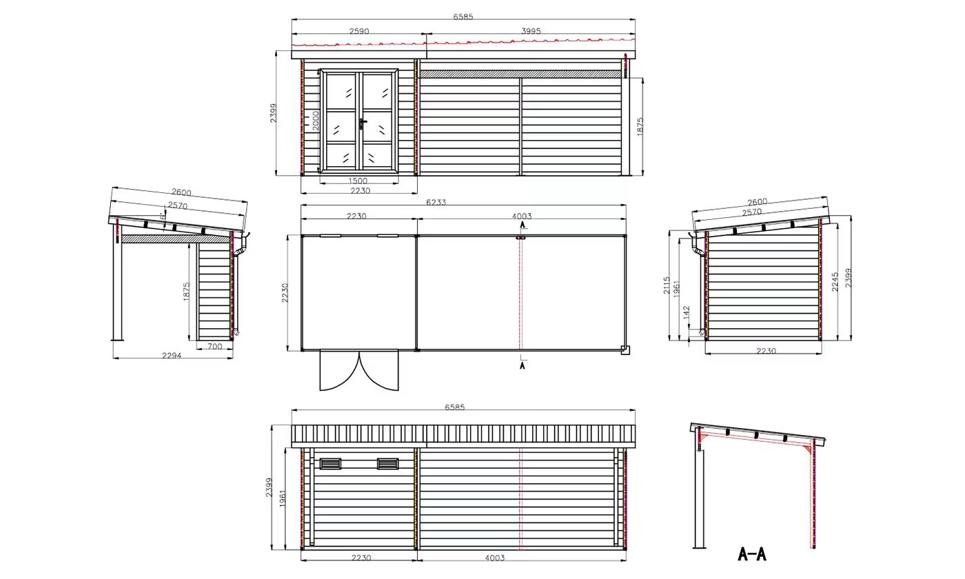 Verbundwerkstoff-Gartenhaus Romans mit reversiblem Anbau – Teak – 6.235×2.23m, 13,90m² – Bild 8