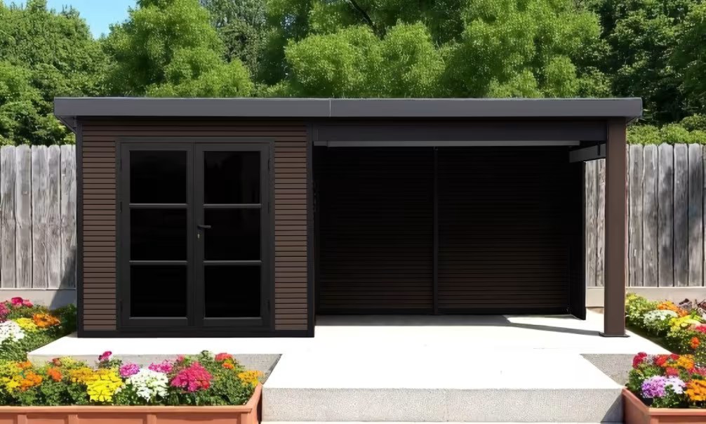 Verbundwerkstoff-Gartenhaus Romans mit reversiblem Anbau – Nussbaum – 5.185×2.23m, 11,56m²