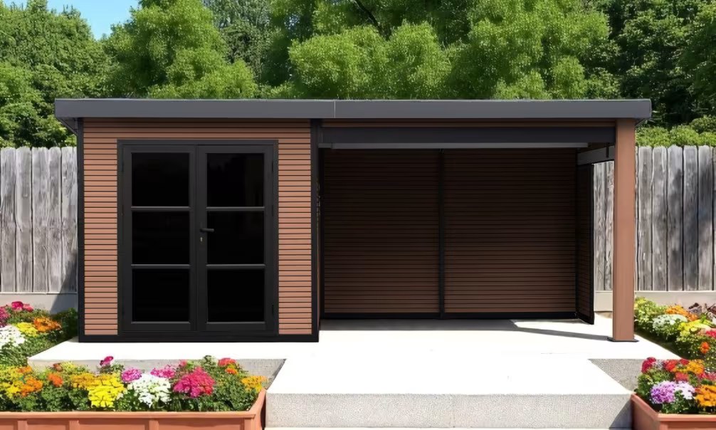 Verbundwerkstoff-Gartenhaus Romans mit reversiblem Anbau – Teak – 5.185×2.23m, 11,56m²