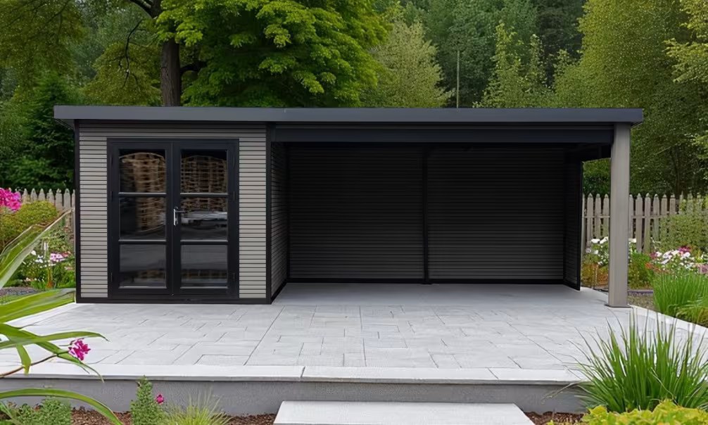 Verbundwerkstoff-Gartenhaus Autrans mit reversiblem Anbau – Mausgrau – 6.235×2.23m, 13,90m²