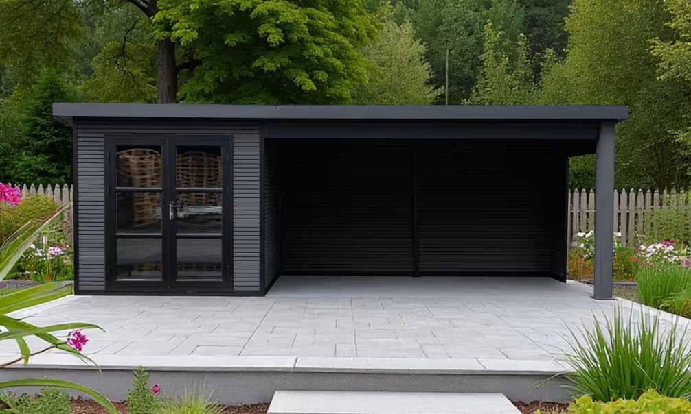 Verbundwerkstoff-Gartenhaus Autrans mit reversiblem Anbau – Anthrazitgrau – 6.235×2.23m, 13,90m²