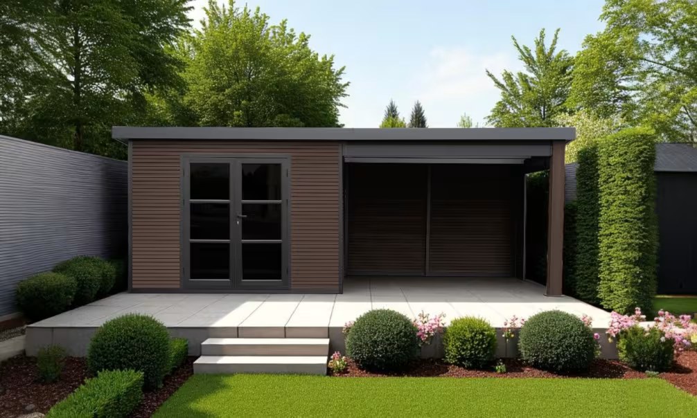 Komposit-Gartenhaus Meaudre mit reversiblem Anbau – Nussbaum – 5.83×2.90m, 16.91m²