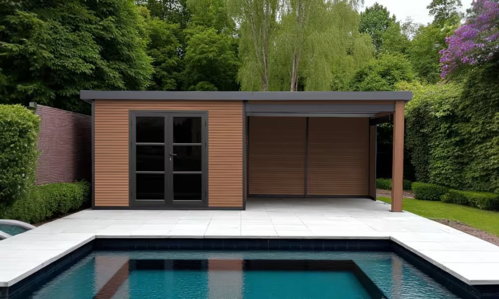 Komposit-Gartenhaus Meaudre mit reversiblem Anbau – Teak – 5.83×2.90m, 16.91m²