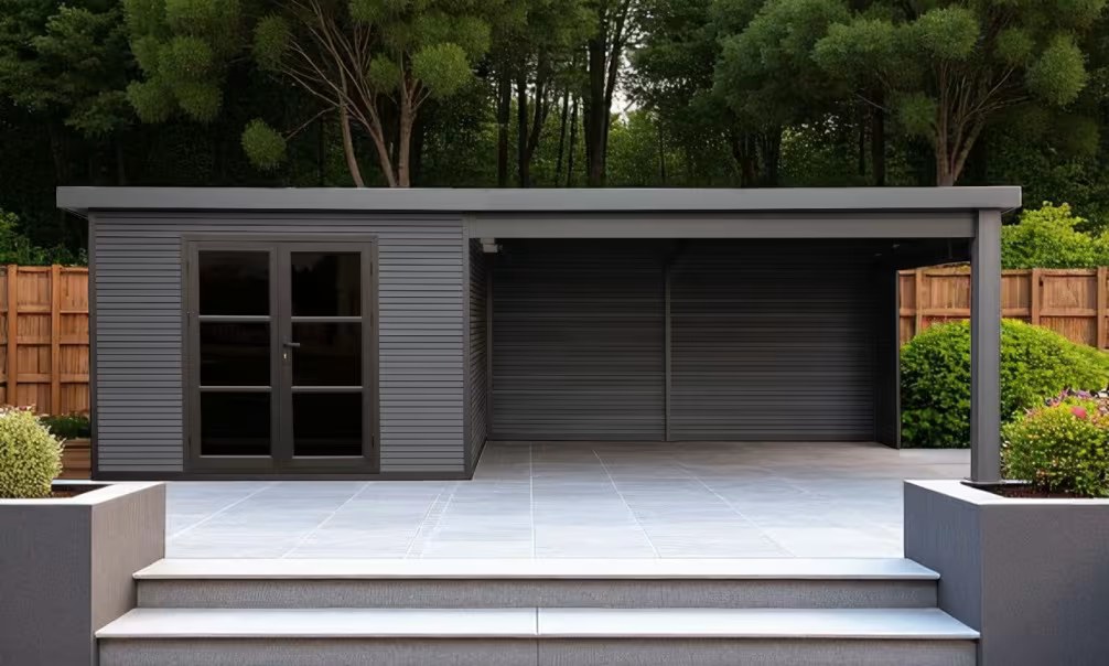 Komposit-Gartenhaus Rencurel mit reversiblem Anbau – Grau Anthrazit – 6.88×2.90m, 19.95m²