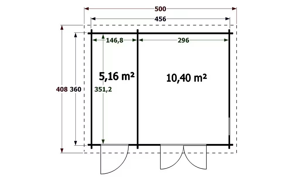 Gartenhaus CARROZ 44mm – 15,56m² Innenraum 456×360 cm – Bild 2